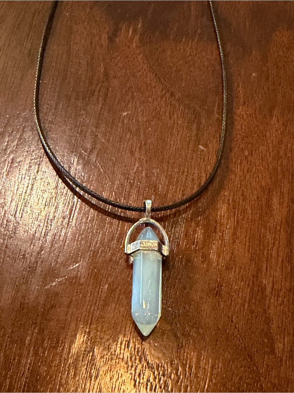 Opalite Point Pendant Necklace - Silver Accent on Black Cord